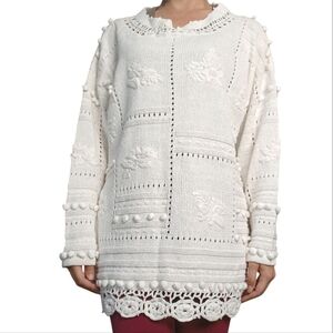 Vintage White Crochet Pom Pom Cotton Sweater Medium Boho Cream Textured Knit